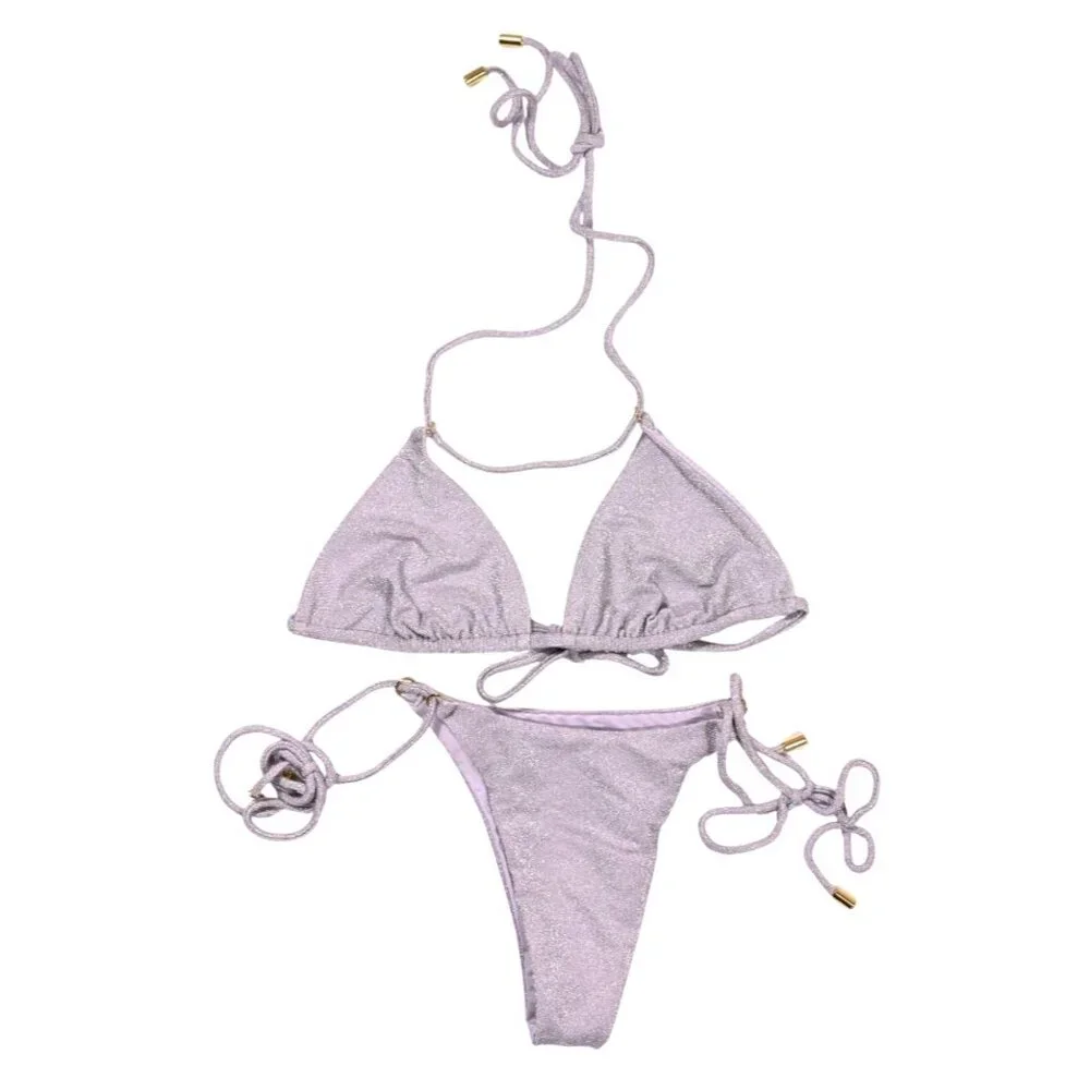 MONDAY Swimwear Hanalei Bikini Top & Bottoms in Soft Silver Shimmer